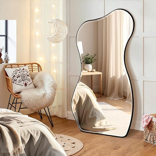 POZINO Irregular Beveled Mirror, 53"x25" Large Asymmetrical Aesthetic Wall Mirror with Metal Frame, Modern Premium Organic Shaped Mirrors for Living Room Bedroom Hallway Entryway, Leaning/Wall-Mount