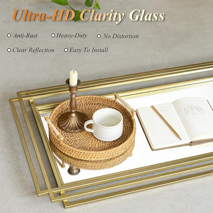 Gold Rectangle Mirror, 47"x22" Geometric Art Deco Mirror with Metal Frame, Modern Elegant Wall Mirrors for Living Room Bathroom Bedroom Entryway Hallway, Hangs Vertically or Horizontally