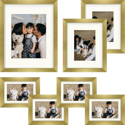 Frametory, Set of 7 Gallery Wall Frame in Gold - Includes 11x14, 8x10, and 5x7 Picture Frames with Ivory Color Mats - Real Glass, Collage Frames for Prints and Photos