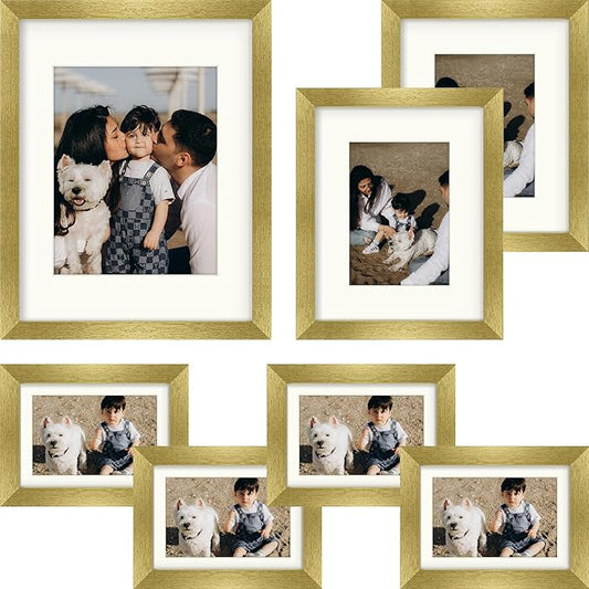 Frametory, Set of 7 Gallery Wall Frame in Gold - Includes 11x14, 8x10, and 5x7 Picture Frames with Ivory Color Mats - Real Glass, Collage Frames for Prints and Photos