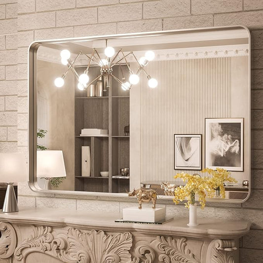 TokeShimi 40 x 30 Inch Brushed Silver Bathroom Mirror for Wall Brushed Brass Metal Rounded Corner Rectangle Mirror Metal Frame Deep Set Design Hangs Horizontal Or Vertical
