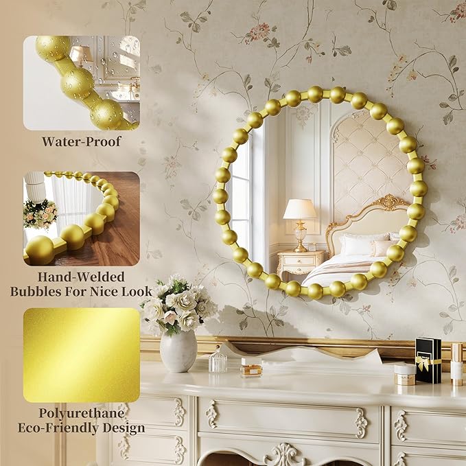 Round Vanity Mirror for Wall, 24 Inch Beaded Frame Circle Mirror for Bathroom, Bedroom Dresser, Entryway, Living Room, Decorative Hanging Wall Mirror, Gold