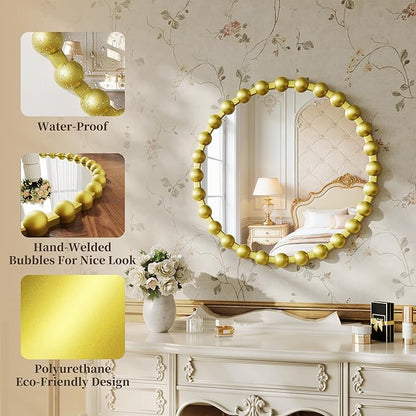 Round Vanity Mirror for Wall, 24 Inch Beaded Frame Circle Mirror for Bathroom, Bedroom Dresser, Entryway, Living Room, Decorative Hanging Wall Mirror, Gold