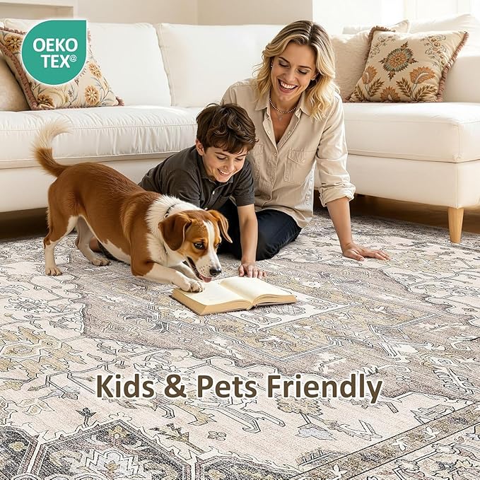 Washable 3x8 Runner Rugs: Non Slip Vintage Brown Area Rugs for Living Room, Large Soft Stain Resistant Indoor Floor Carpets for Bedroom Dining Room Nursery Home Office Kid & Pet Friendly