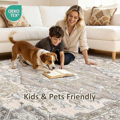 Washable 3x8 Runner Rugs: Non Slip Vintage Brown Area Rugs for Living Room, Large Soft Stain Resistant Indoor Floor Carpets for Bedroom Dining Room Nursery Home Office Kid & Pet Friendly