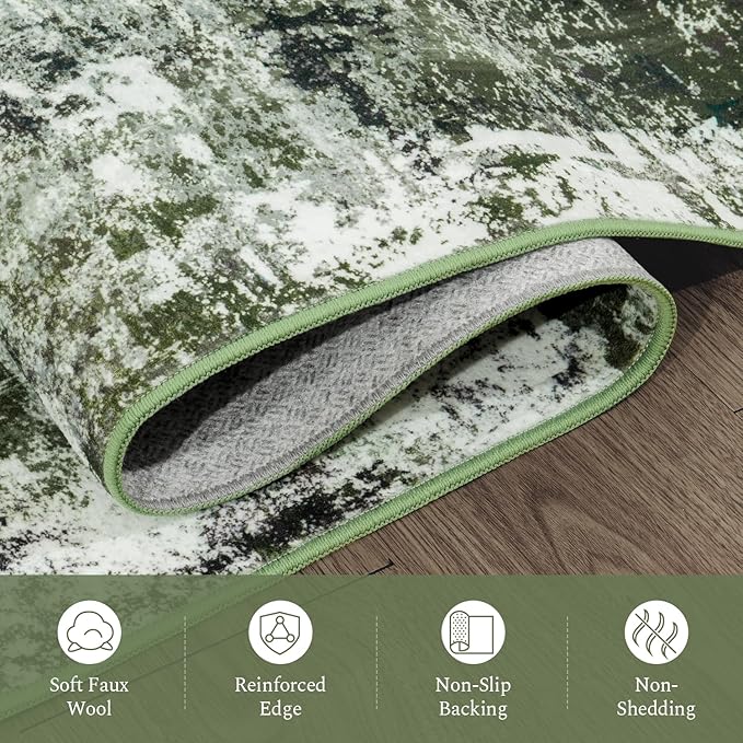 Rugflix 5x7 Area Rugs for Living Room, Washable Large Rug Stain-Resistant Low Pile, Modern Dark Carpet for Dining Room Home Office Kid Room Nursery Bedroom, Dark Green