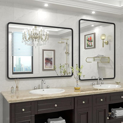 40x30 Inch Black Matte Framed Mirror for Bathroom, Rounded Rectangle Mirror, Bathroom Vanity Mirror for Wall, Anti-Rust, Shatterproof (Horizontal/Vertical)