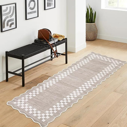 Washable Runner Rug 2x10 Modern Bordered Hallway Runner Rug Non Slip Kitchen Throw Carpet Checkered Bathroom Entryway Runner Rugs Low Pile Solid Area Rugs for Living Room Bedroom Nursery Sink, Fog