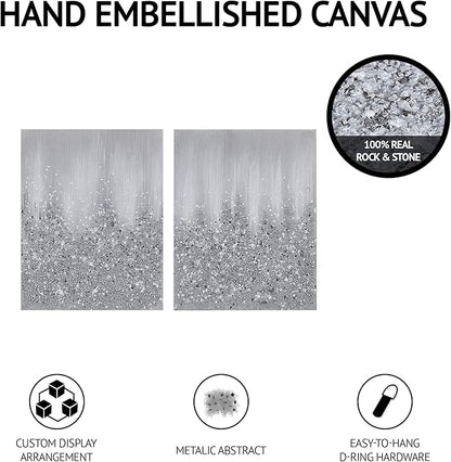 Madison Park Wall Art Living Room Decor-Embellished Hand Painted Metallic Canvas, Home Accent Glitter Abstract Bathroom Decoration Ready to Hang Bedroom Painting, 22" x 28", Silver, 2 Piece Set