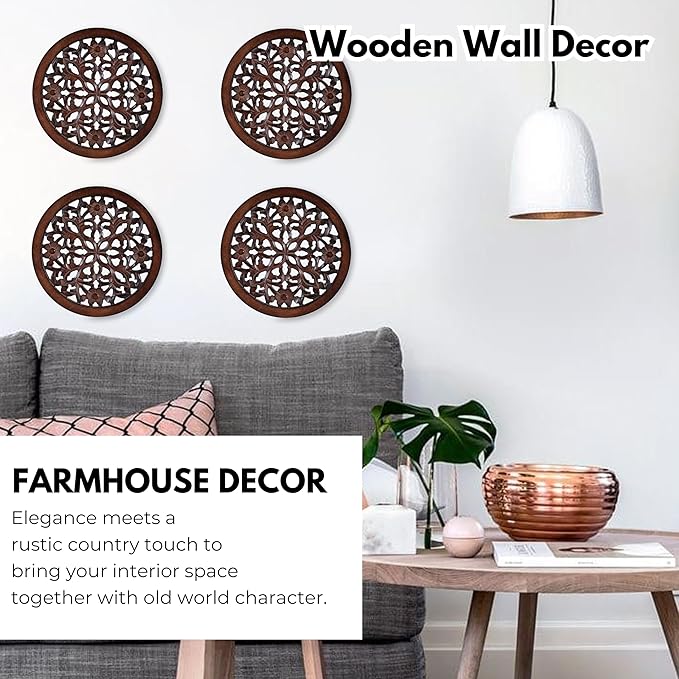 Woodify Hand-Carved Wooden Wall Décor – Set of 4, 12" x 12" Decorative Wood Panels, Floral Design, Natural Burnt Finish, Wall Art for Living Room & Home Décor