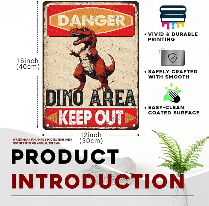 Dinosaur Vintage Tin Sign Danger Dinosaur Area Keep Out Funny Sign for Boys Room 12x16inch