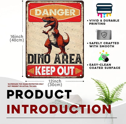 Dinosaur Vintage Tin Sign Danger Dinosaur Area Keep Out Funny Sign for Boys Room 12x16inch