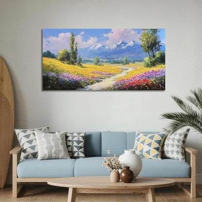 Enartly Landscape Garden Canvas Wall Art for Living Room, Wildflower Mountain Wall Decor Floral Paintings Natural Artwork Prints for Home Bedroom Garden Farmhouse Decor, 40"x20"
