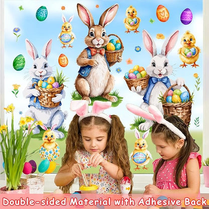Easter Window Decoration Clings Bunny Decals for Glass Window Double-Side Vintage Bunny Decal Removable Easter Eggs Chick Rabbit Stickers for Living Room Kids Bedroom Nursery Spring Holiday Supplies