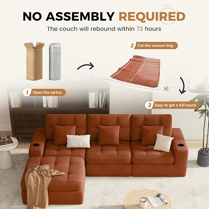 144" U Shaped Cloud Boneless Couch,Modern Modular Sectional Sofa with Layered Cushion,No Assembly Convertible Corduroy Couches for Living Room,Caramel 1 PCS