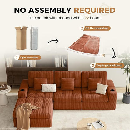 112" L Shaped Cloud Boneless Couch,Modern Modular Sectional Sofa with Layered Cushion,No Assembly Convertible Corduroy Couches for Living Room,Caramel 1 PCS