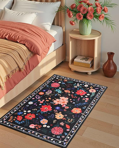 Macgace 2x3 Small Floral Rug for Entryway, Flowers Printed Washable Rugs with Non Slip Backing for Girls Bedroom Kitchen, Cute Throw Carpet Front Door Entry Decor, Black