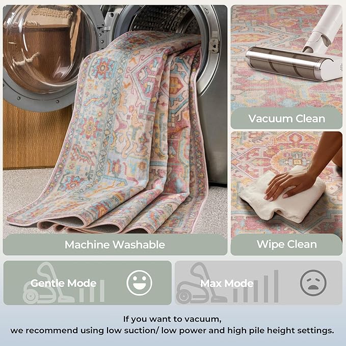Kokia 6x9 Washable Area Rugs Blossom Pink with Vintage Orient Design Soft Rug for Living Room or Nursery Non-Slip Low Pile Stain Resistance Features Distressed Medallion Pattern