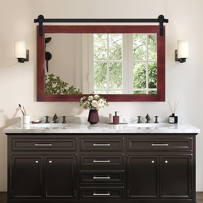 COGOOD Farmhouse Bathroom Mirror - 41" x 30" Rustic Barn Door Mirror for Living Room, Entryway, Bedroom, Vanity Wall Decor (Espresso)