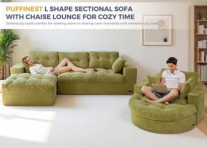 MAXYOYO L Shape Sectional Sofa Couch and Round Chaise Lounge, Modern Cloud Couch with Ottoman, Comfy Sofa with Layered Cushion, Tufted Upholstered Sleeper Chair for Living Room, No Assembly Required