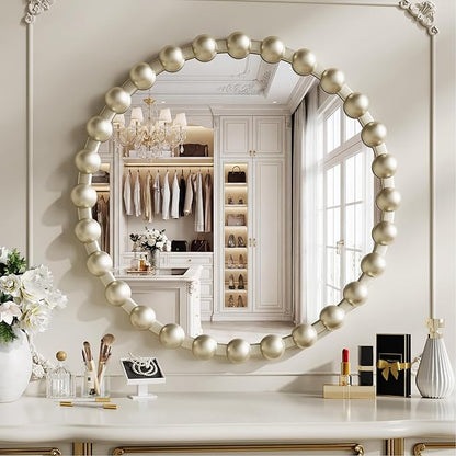 Round Mirror for Wall, 24 Inch Silver Round Vanity Mirror with Beaded Frame, Modern Decorative Wall Mirror for Bathroom, Entryway, Bedroom, Living Room, Shatter-Proof Tempered Glass, Silver