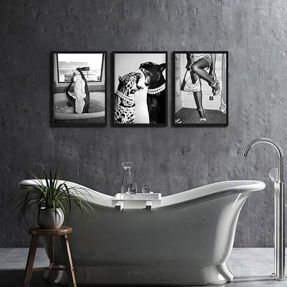 Framed Trendy Black and White Wall Art Set of 3, Fashionable Cheetah Wall Decor, Posters for Room Aesthetic, Modern Vintage Photography Model Canvas Prints for Living Room Bedroom – 16x24in