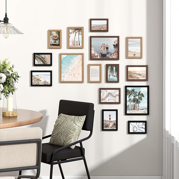 Venusmiles 15 Pack Picture Frames Collage Wall Decor, Gallery Frame Set for Wall Mounting or Tabletop Display, Multi Sizes Including 3pcs 8x10, 6pcs 5x7, 6pcs 4x6, Black+Oak+Walnut
