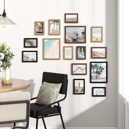Venusmiles 15 Pack Picture Frames Collage Wall Decor, Gallery Frame Set for Wall Mounting or Tabletop Display, Multi Sizes Including 3pcs 8x10, 6pcs 5x7, 6pcs 4x6, Black+Oak+Walnut