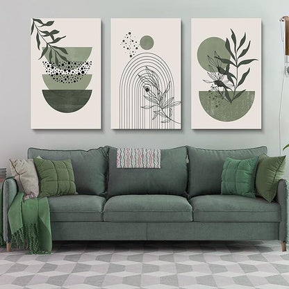 Sage Green Wall Posters & Prints, Green Boho Wall Art Set of 3, Minimalist Framed Wall Art Geometric Line Leaf Sun Moon Beige Green Canvas Artwork Paintings
