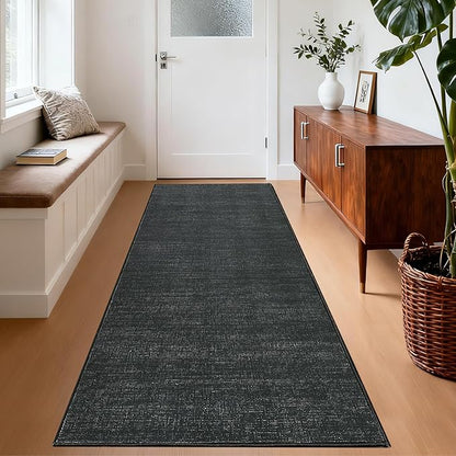 Washable Runner Rug 2x6 Modern Solid Color Kitchen Runner Mat Minimalist Plain Long Runner Rug for Entryway Bedroom Bedside Non Slip Low Pile Boho Accent Solid Runner Rugs for Nursery, Black 2'x6'