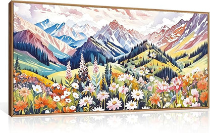 Aryroi Abstract Colorful Floral Mountain Landscape Framed Canvas Wall Art,Natural Boho Woodland Wildflower Decor,Modern Pink Blossom Botanical Artwork for Living Room, Bedroom, Farmhouse-40 x20 x1
