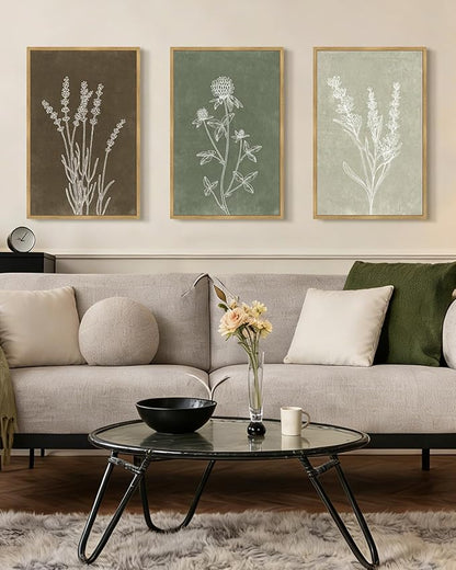Drsoum Vintage Boho Flower Wall Art Framed Retro Botanical Floral Wall Prints Wildflower Neutral Rustic Bohemain Artwork Bedroom Ready to Hang 16x24in Natural Framed