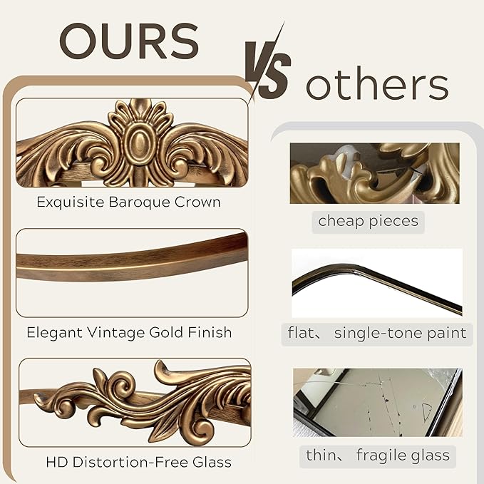 PERFNIQUE Vintage Mirror, 30" X 19" Arched Antique Baroque Mirror, Gold Traditional Wall Decor, Ornate Decor Anthro Look Alike Decor for Bathroom Living Room Fireplace Entryway Mantle Hallway