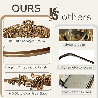 PERFNIQUE Vintage Mirror, 35" X 24" Arched Antique Baroque Wall Mirror, Gold Traditional Wall Decor, Ornate Decor Anthro Look Alike Furniture for Bathroom Living Room Fireplace Entryway Hallway