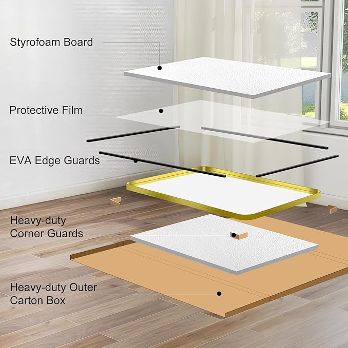 CIRCUMI Gold Bathroom Mirror, 36"x50" Rectangular Mirror with Deep Metal Frame, Rounded Corner, Tempered Glass, Large Mirror for Wall, Over 2 Sinks, Installed Vertically/Horizontally, Crystal-Clear