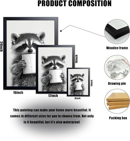 XYHYRA Bathroom Wall Art, Cute Black and White Raccoon Canvas Prints Poster, Funny Animal Decor Oil Painting, Modern Farmhouse Picture Artwork for Bathroom Toilet Wall Decor 12X16 Inch Framed