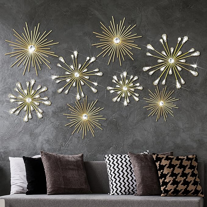 Blulu 8 Pcs Gold Metal Wall Art Cast Iron Starburst Wall Decor Bling Crystal Sculptures Living Room 3D Teardrop Radial Rhinestone Hanging Diamond Accents for Home Office Bedroom Entryway