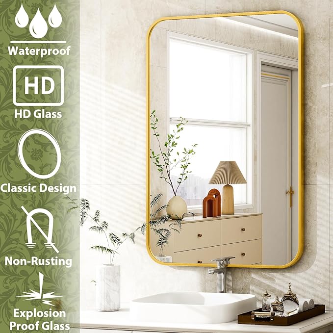Easly 20 x 28 Inch Bathroom Mirror, Rounded Rectangular Vanity Mirror for Wall, Modern Mirror for Room Decor, Gold Framed Wall-Mounted Mirrors for Home Decor, Hangs Horizontally or Vertically