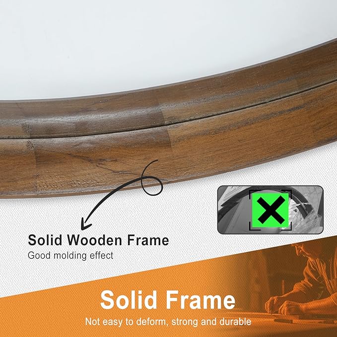 Round Wood Frame Mirror 28 Inch, Brown Wall Circle Mirror for Bathroom, Nursery, and Wall Decor