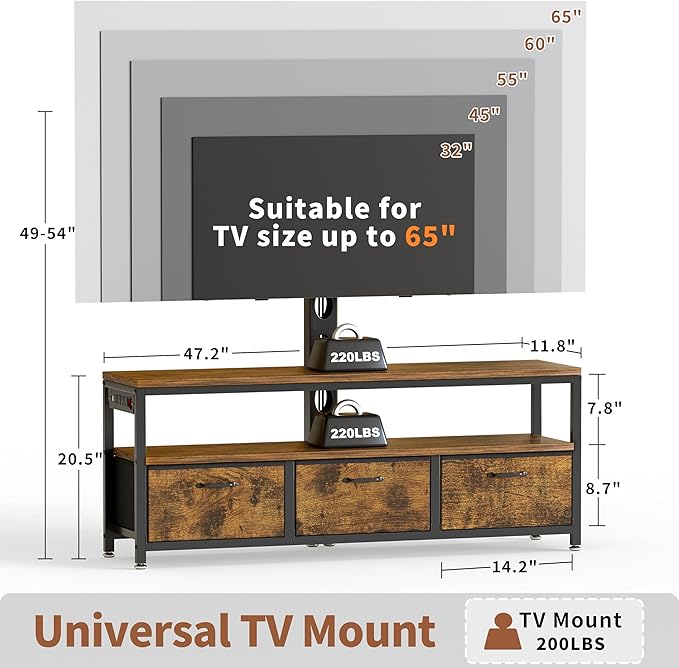 JUSTOGO TV Stand with Mount and Power Outlet, TV Stand with Drawers Storage for Living Room Bedroom, LED Entertainment Center for 45 55 60 65 inch, Height Adjustable Media Console, Rustic Brown
