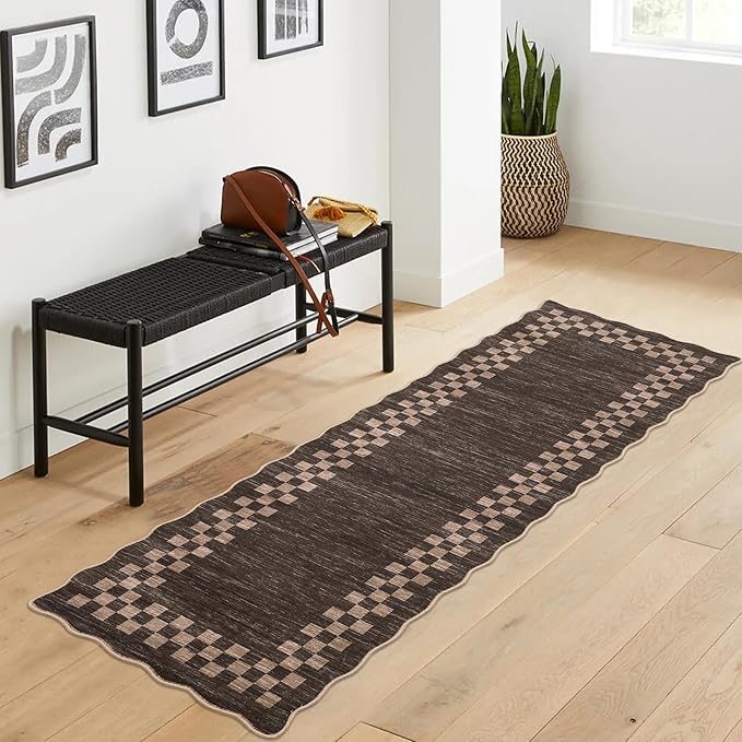 Washable Runner Rug 2x10 Modern Bordered Hallway Runner Rug Non Slip Kitchen Throw Carpet Checkered Bathroom Entryway Runner Rugs Low Pile Solid Area Rugs for Living Room Bedroom Nursery Sink, Brown