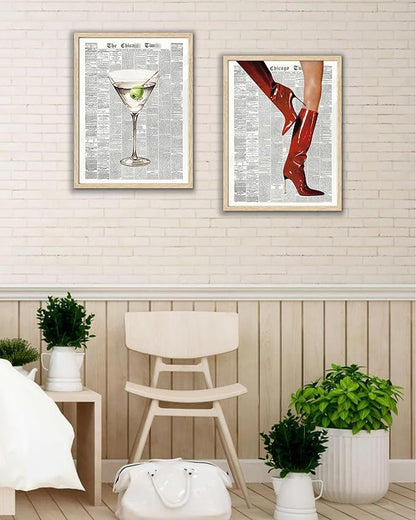 EcoHest UnFramed Trendy Newspaper Martini Wall Art, 12x16 in OAK Wood Retro Bar Cart Canvas Art, Magazine Aesthetic Apartment Art, Beige Logs Funky 70's Set of 1 for Bedroom Living Room