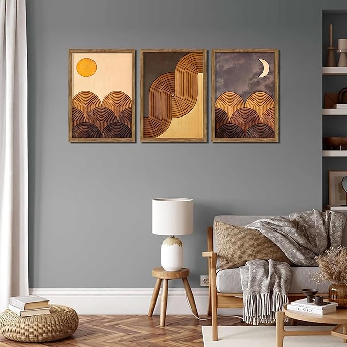 raiqtols Abstract Framed Wooden Canvas Wall Art Set of 3 – Sun Moon Geometric Boho Modern Wall Decor, Golden Brown Mid Century Prints with Wooden Frame for Living Room Bedroom – 16x24in