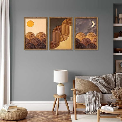 raiqtols Abstract Framed Wooden Canvas Wall Art Set of 3 – Sun Moon Geometric Boho Modern Wall Decor, Golden Brown Mid Century Prints with Wooden Frame for Living Room Bedroom – 16x24in