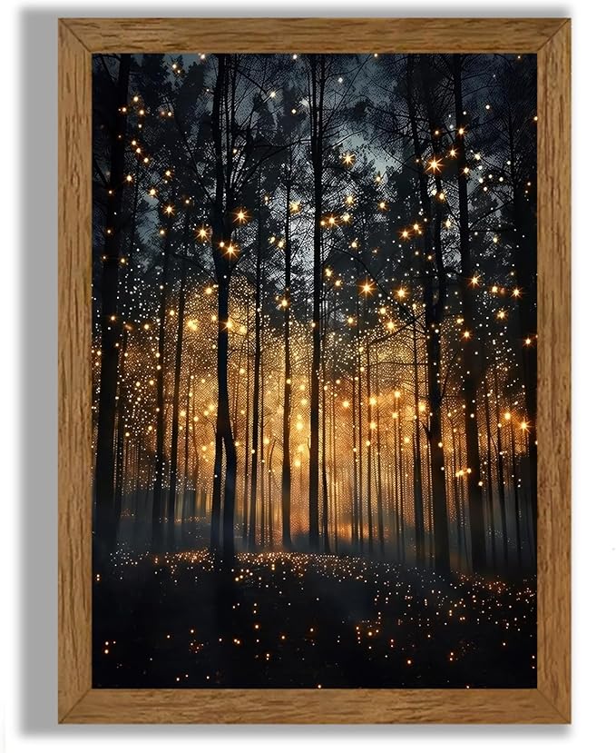 JLTULT Framed Enchanted Forest Firefly Canvas Wall Art, Dark Twilight Landscape Wall Decor, Rustic Botanical Nature Tree Art Prints for Bedroom Living Room Office Decoration 16x24 inch Easy to Hang