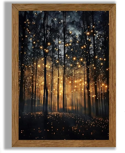 JLTULT Framed Enchanted Forest Firefly Canvas Wall Art, Dark Twilight Landscape Wall Decor, Rustic Botanical Nature Tree Art Prints for Bedroom Living Room Office Decoration 16x24 inch Easy to Hang