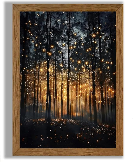 JLTULT Framed Enchanted Forest Firefly Canvas Wall Art, Dark Twilight Landscape Wall Decor, Rustic Botanical Nature Tree Art Prints for Bedroom Living Room Office Decoration 16x24 inch Easy to Hang