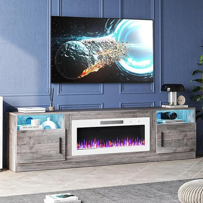 Tavata 80" Fireplace TV Stand, Modern LED Light Entertainment Center with Storage and 36" Fireplace, Media TV Console for TVs Up to 90", Fire Place TV Stands for Living Room, Grey+White