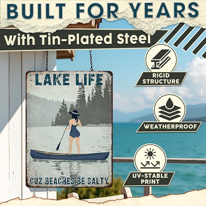 Lake Life Decor Tin Sign - Rustic Metal Wall Art for Cabin, Lakehouse & Porch - Weatherproof 12x16 Inches