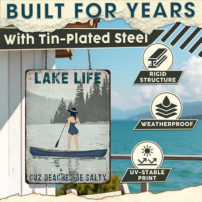 Lake Life Decor Tin Sign - Rustic Metal Wall Art for Cabin, Lakehouse & Porch - Weatherproof 12x16 Inches